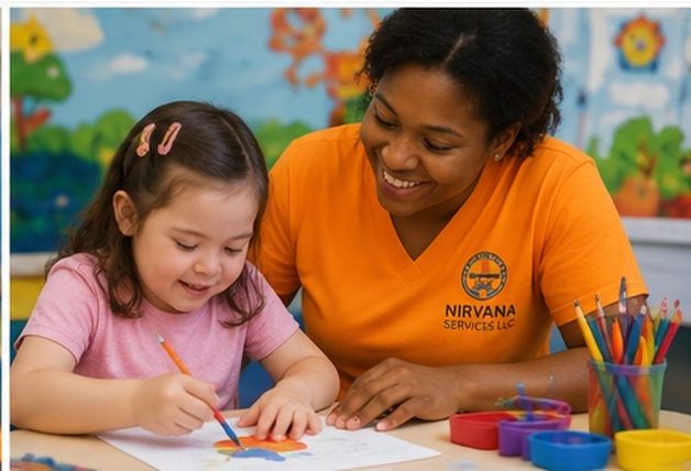 A Nirvana Services direct support professional painting at a table with a young girl.