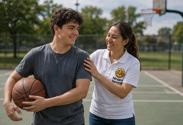 A Nirvana Services direct support professional shooting hoops with a young man at an outdoor court.