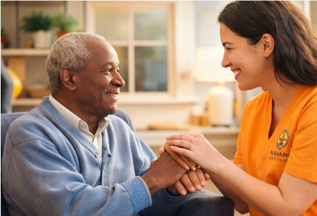 A direct support professional sitting with an older man, holding his hand and listening.