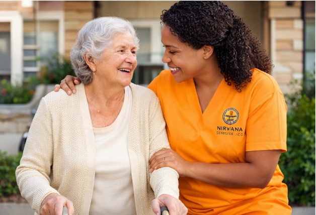 A direct support professional walking outdoors alongside an older woman using a walker.