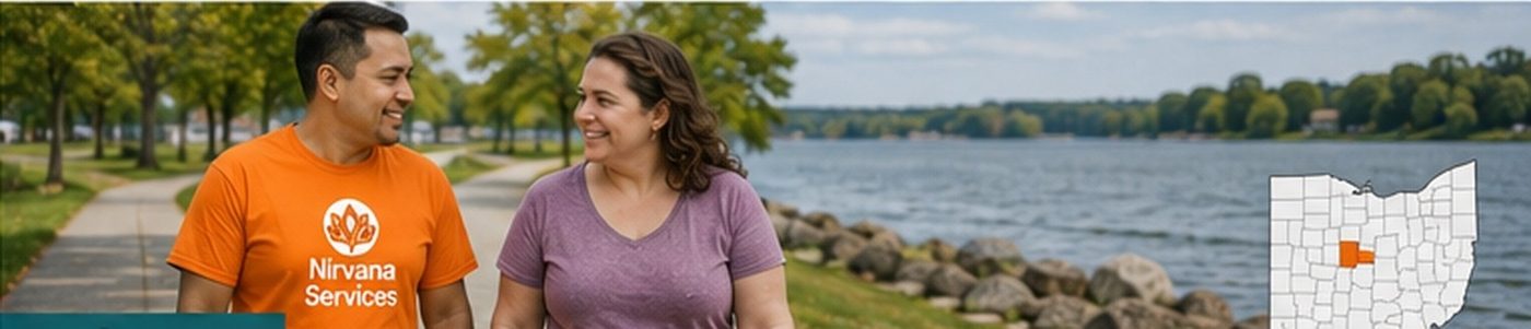 A Nirvana Services direct support professional out in the community with the person they support in Delaware County, Ohio.