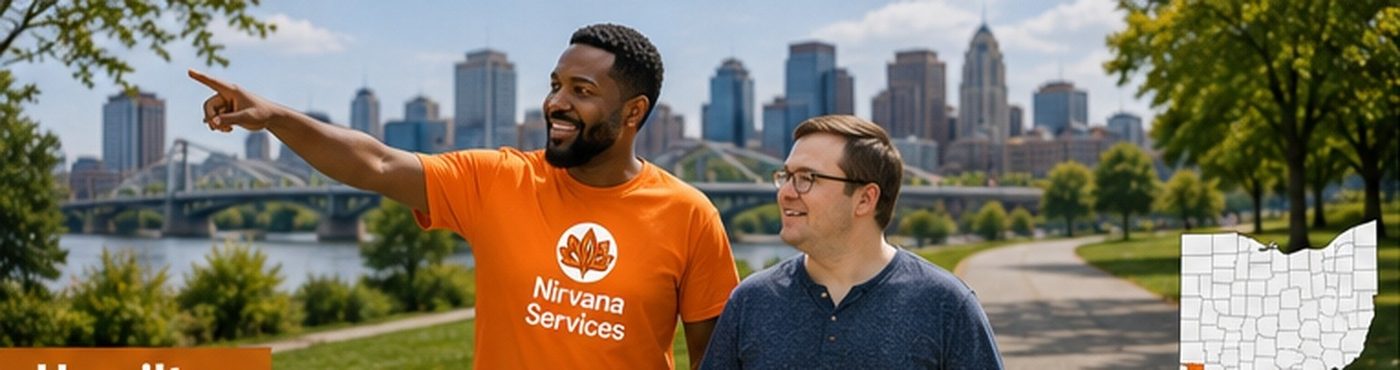 A Nirvana Services direct support professional out in the community with the person they support in Hamilton County, Ohio.