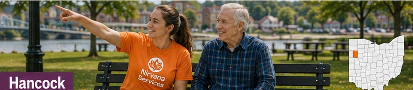 A Nirvana Services direct support professional out in the community with the person they support in Hancock County, Ohio.