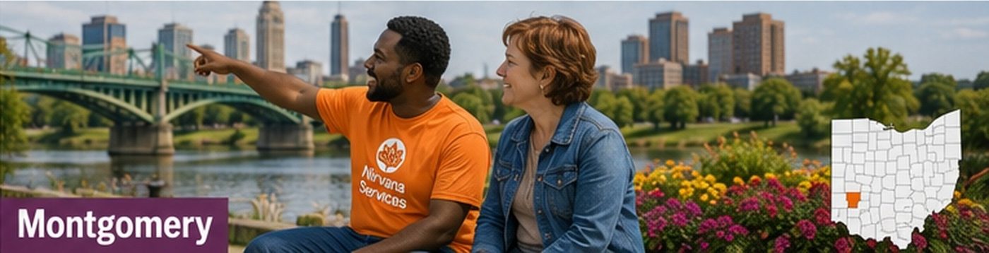 A Nirvana Services direct support professional out in the community with the person they support in Montgomery County, Ohio.