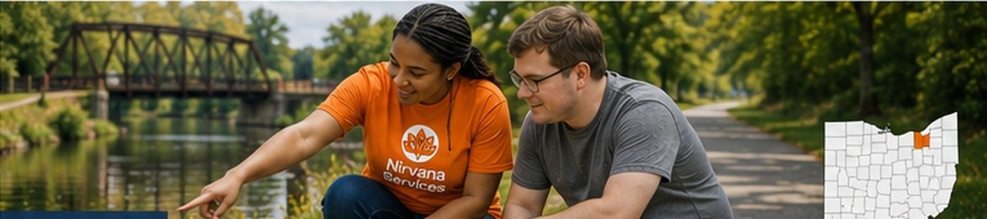 A Nirvana Services direct support professional out in the community with the person they support in Summit County, Ohio.