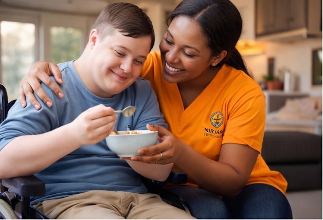 A Nirvana Services direct support professional sharing a meal with a young man who uses a wheelchair, both smiling, in a bright living room.