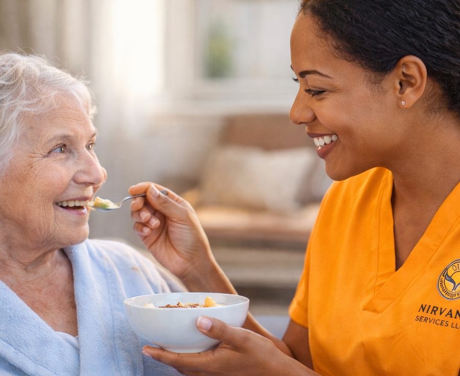 A direct support professional helping an older adult with a meal at home.